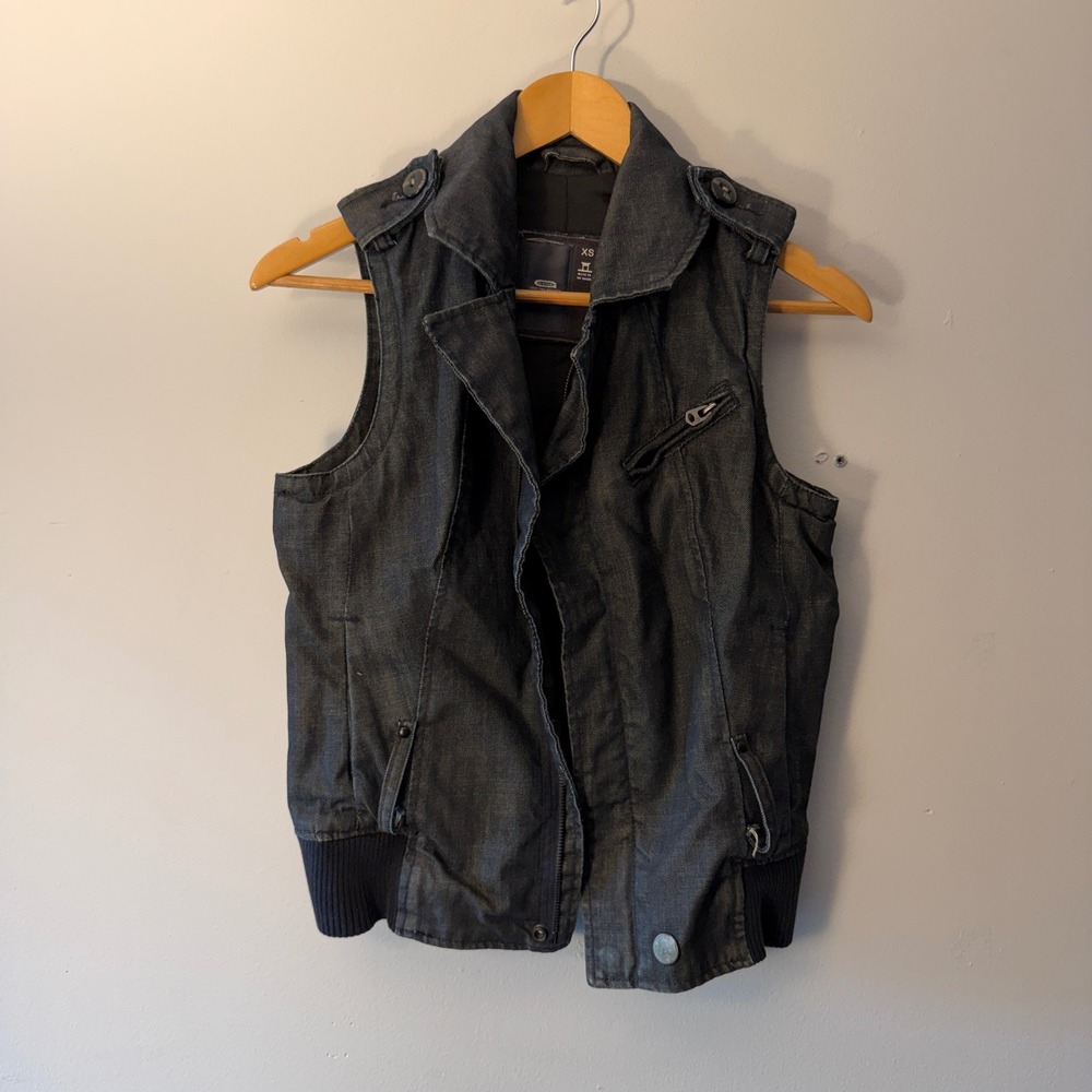 G-Star Raw Womens XS Dark Wash Denim Moto Vest Ribbed Hem Sleeveless Jacket
